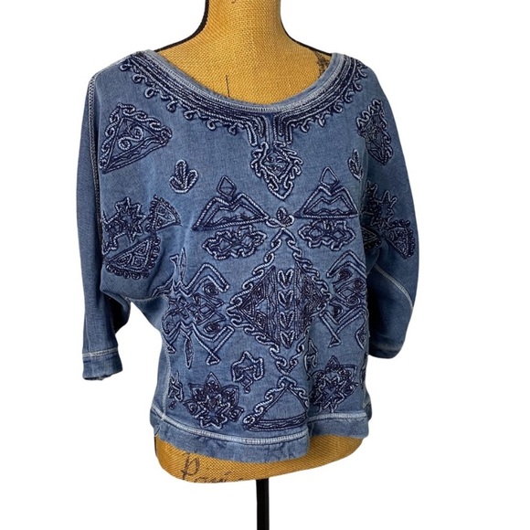 Ecote Washed Effect Embroidered 3/4 Dolman Sleeve Cotton Casual Career Top S - Picture 2 of 7